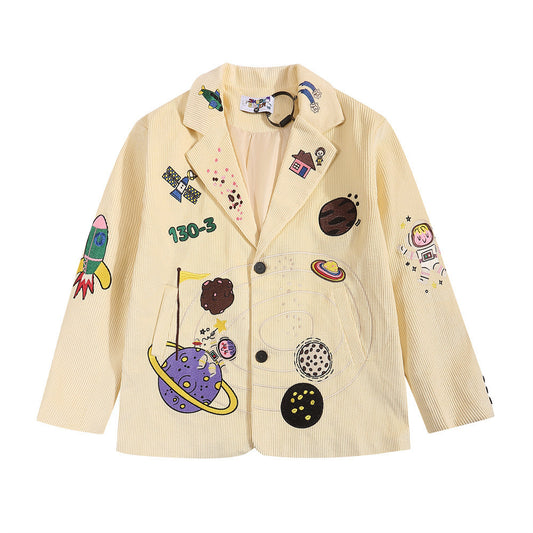 Niche Personality Corduroy Baggy Coat Cartoon Embroidered Casual Suit