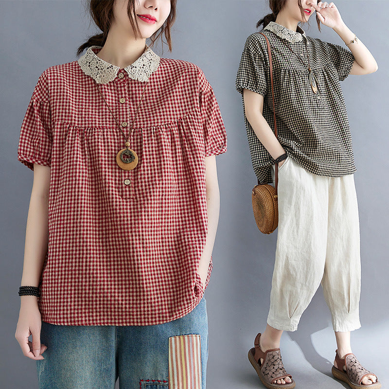 Ladies' Lace Lapel Cotton And Linen Plaid Shirt Short Sleeves