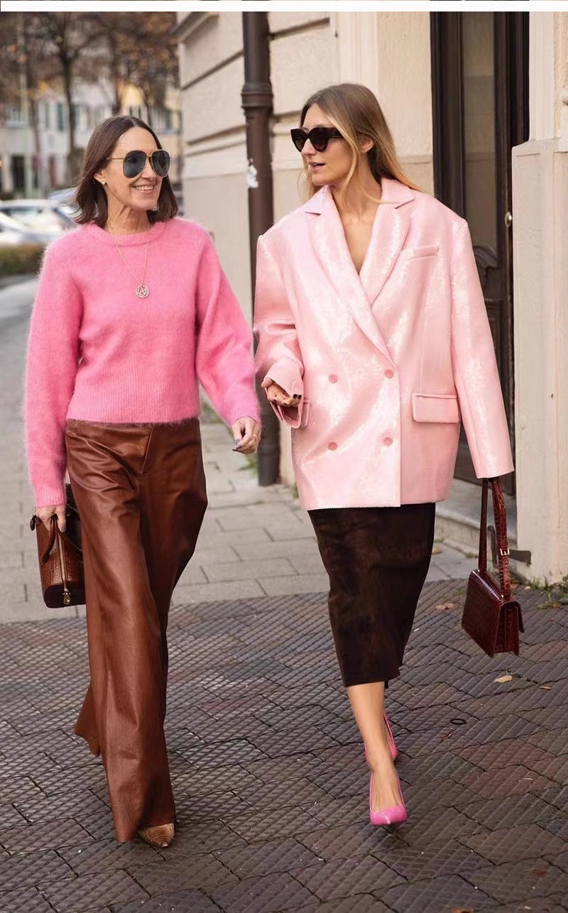 Blazer de lentejuelas rosa con raíz de loto suelta y doble botonadura de moda para mujer