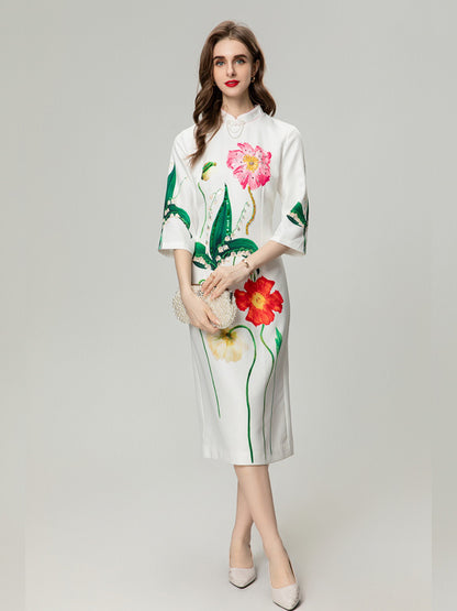 Positioning Printing Flower Heavy Industry Beads 34 Sleeve Dress