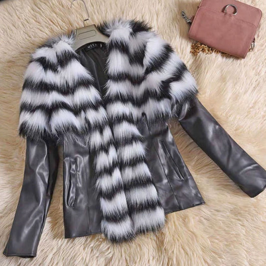 Faux Fur Slim Fit PU Leather  Fluffy coat