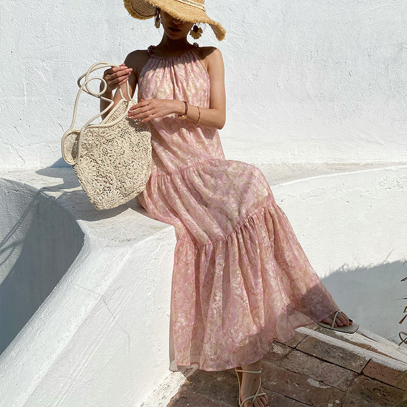 Vestido de gasa estampado con textura estilo vacaciones para mujer