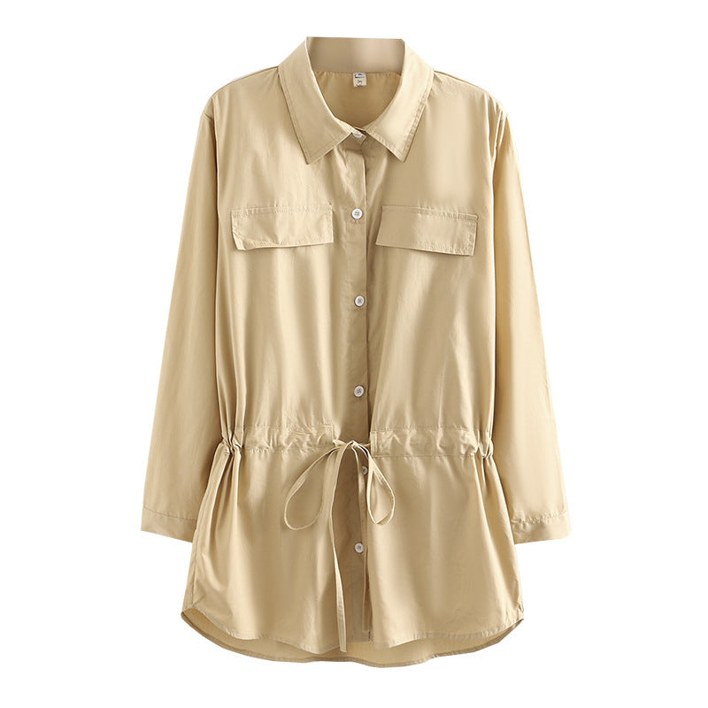 Mid-length Drawstring Waist Shirt Jacket Shirt Cardigan