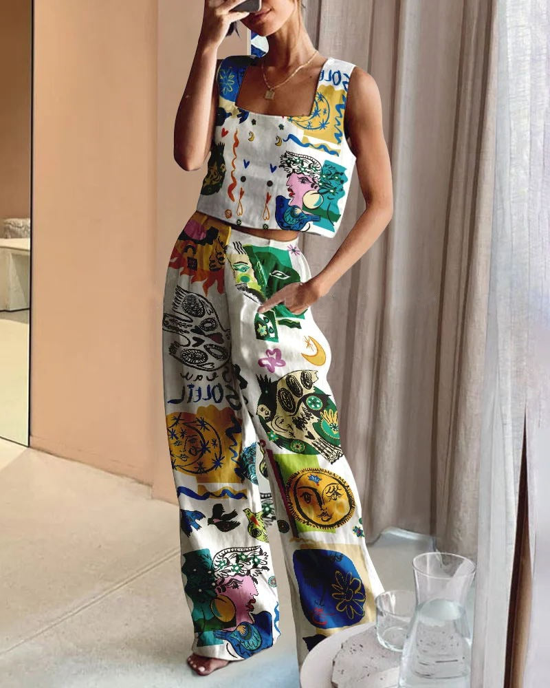 Women's Wide Printed Wide-leg Pants Vest Suit