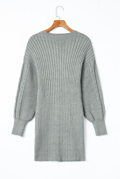 Gray Cable Ribbed Knit V Neck Bodycon Sweater Dress