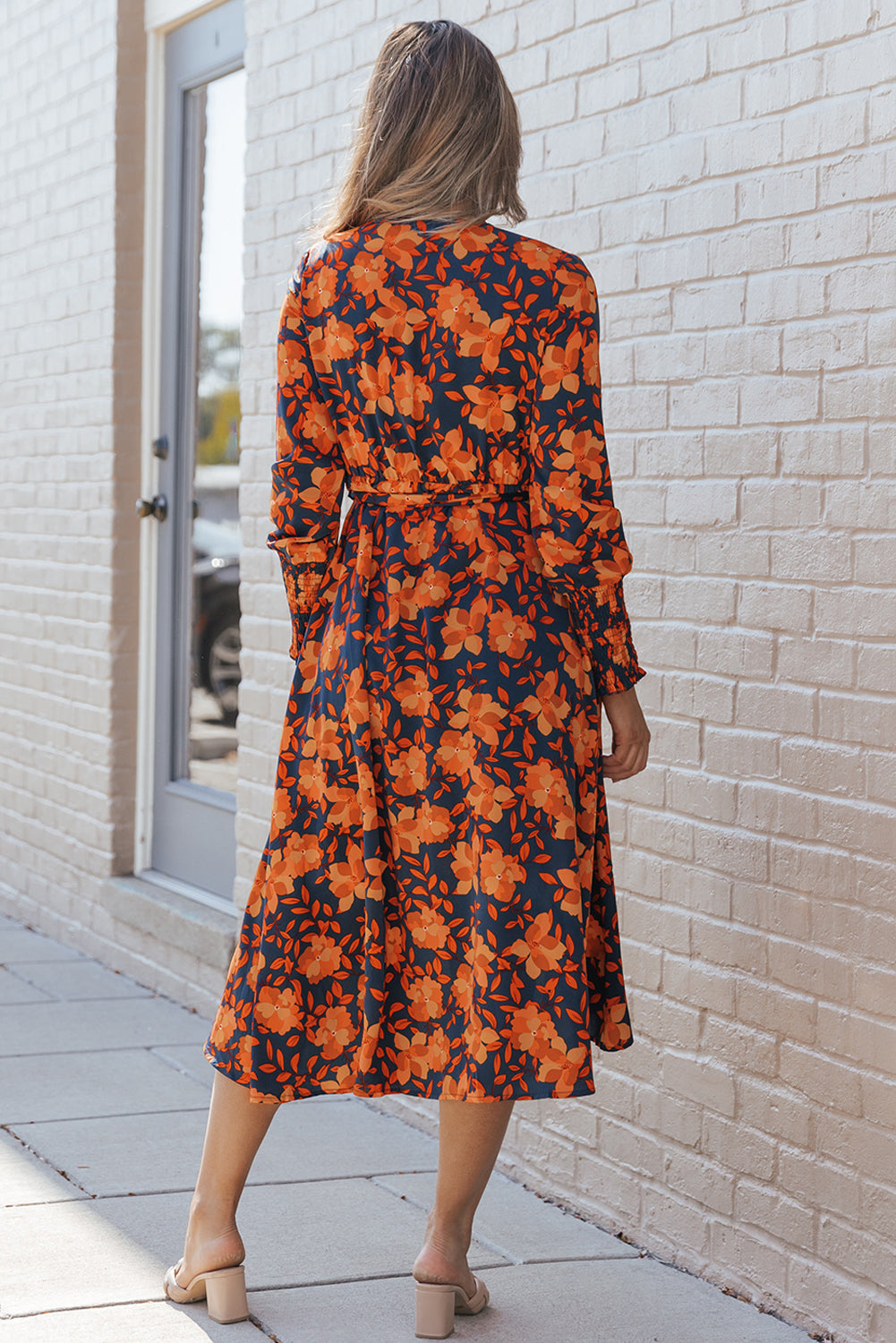 Orange Floral Print Faux Wrap Belted Dress