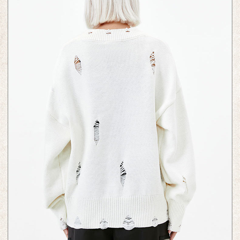 Letter Idle Style Wormhole Damaged Knitted Sweater