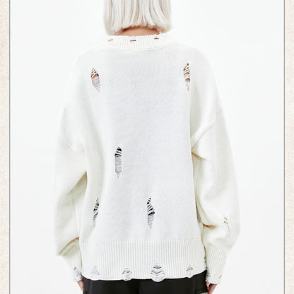 Letter Idle Style Wormhole Damaged Knitted Sweater