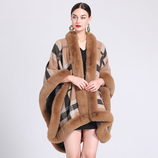 Imitation Rex Rabbit Fur Collar Cape And Shawl Loose Jacquard Knitted Cardigan Cape Coat