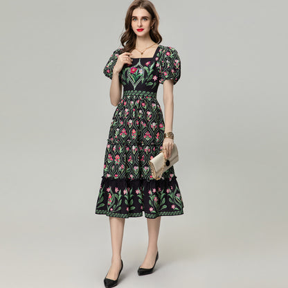 Vintage Print Romantic Dress Women