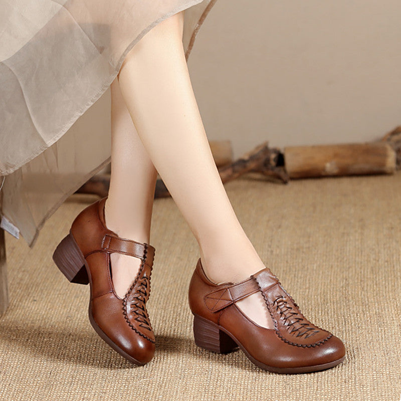 Mid-chunky Heel Casual And Comfortable Soft Bottom Middle-aged And Elderly Leather Shoes