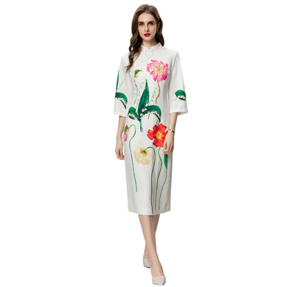 Positioning Printing Flower Heavy Industry Beads 34 Sleeve Dress