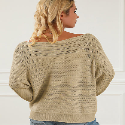 Textured Lantern Sleeve Off-neck Sweater Loose Pullover Sweater