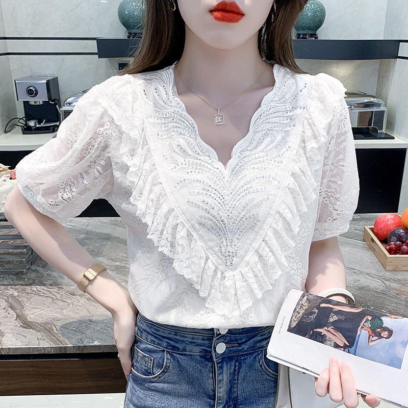 Sweet And Age-reducing Lace Chiffon Shirt Top