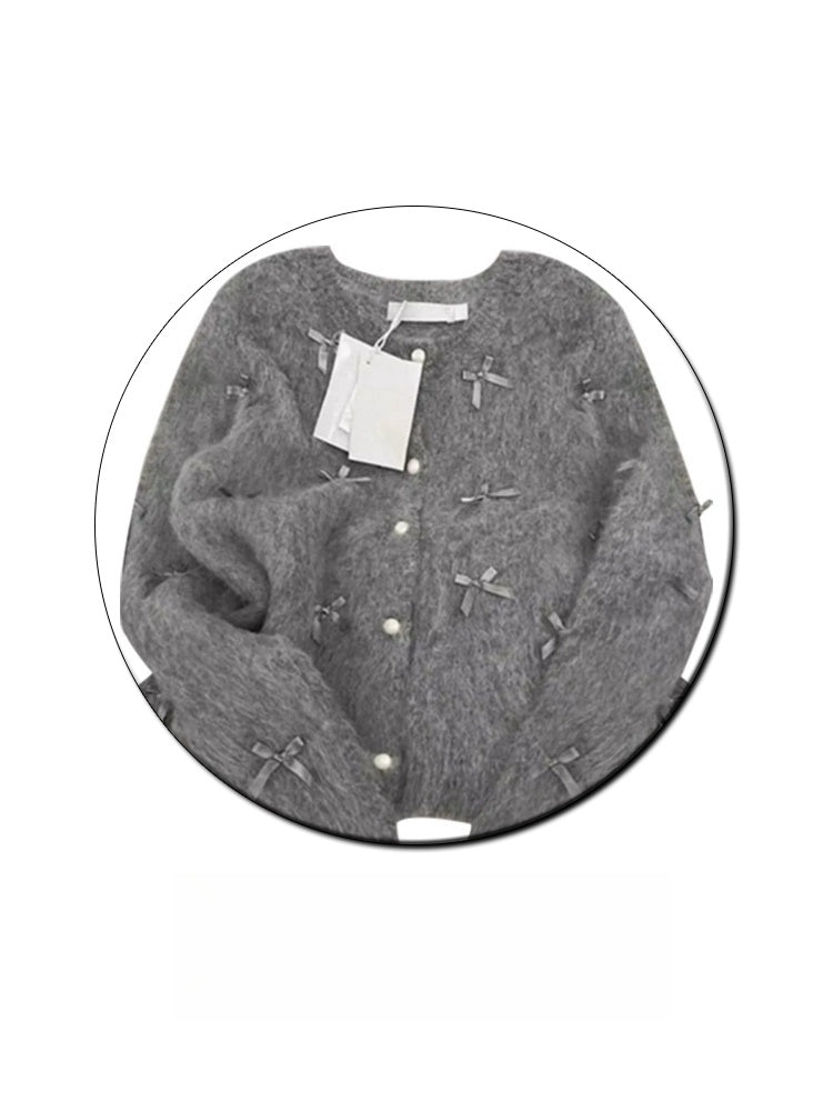 Gray Bow Sweater Women's Autumn And Winter Elegant Soft Glutinous Mohair Knitted Cardigan Chanel Coat