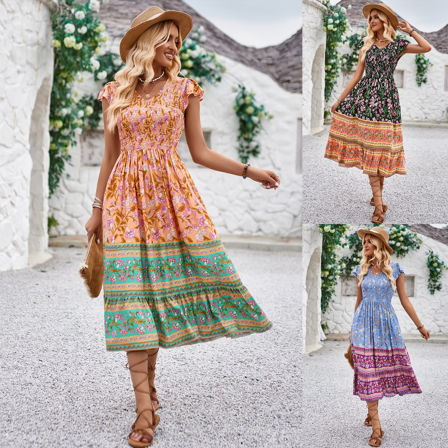 Robe d'été décontractée à volants, sans manches, imprimé floral, col en v, style bohème, vêtements de plage, vacances, nouvelle collection