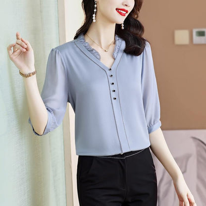 Women's New Fashion V-neck Stitching Light Luxury Chic Shirt