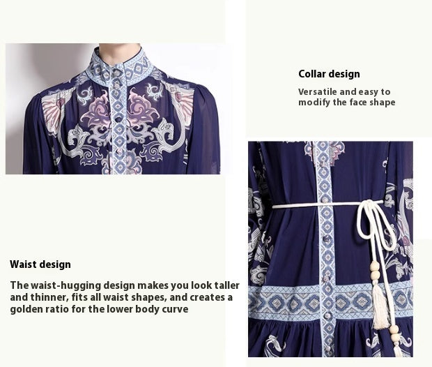 Printed Stand Collar Temperament Dress