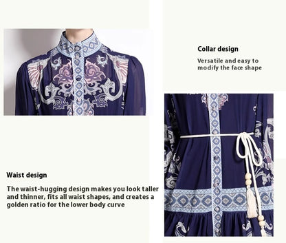 Printed Stand Collar Temperament Dress