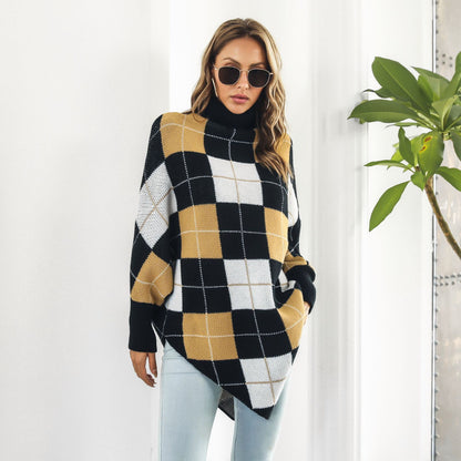 Women's Mid-length Plaid Jacquard Cape Sweater Coat