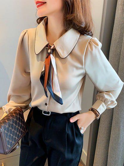 Doll Collar Silk Scarf Bow Tie Long Sleeve Shirt