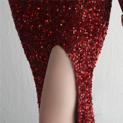 Handmade Beads Single-shoulder Suspender Banquet Split Long Sequined Fishtail Skirt