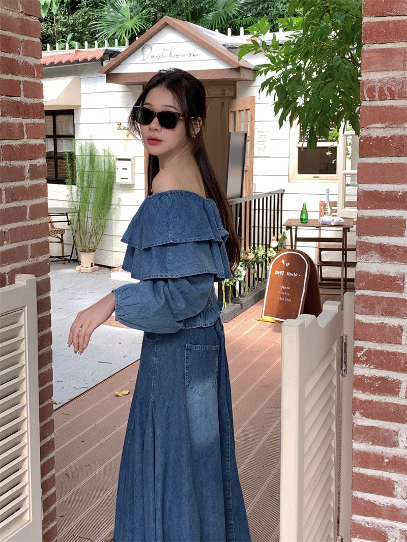 Retro Off-shoulder Waist-controlled Top Large Swing Denim Skirt