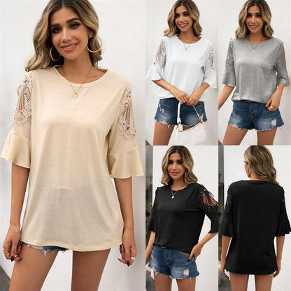 Casual Round Neck Lace Lace Stitching Five-point Sleeve Shir