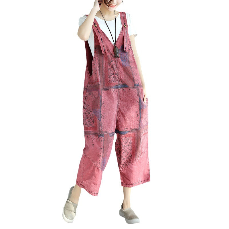 Printed Distressed Cropped Stitching Denim Suspender Pants