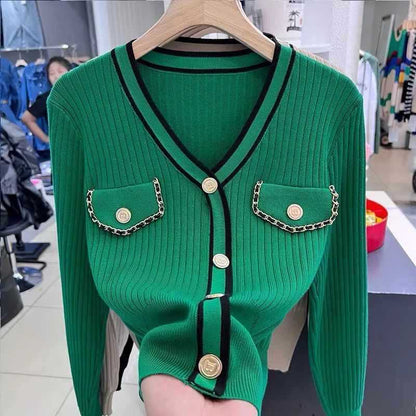 Jersey de punto con cuello en V de estilo clásico, suéter ajustado para mujer