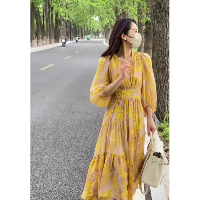 Summer And Autumn French Women Floral Dress