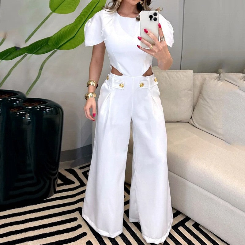 Summer Fashion Holes Button Zipper Waist Hollow Jumpsuit