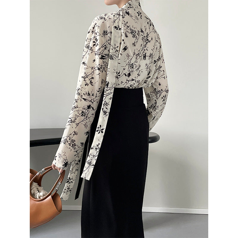 Ink Floral Mid Length Top Long Sleeve Shirt