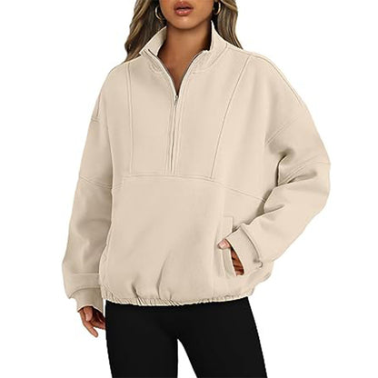 Sweater Sports Casual Women's Zipper Pocket Pullover Stand Collar Long Sleeve Shirt