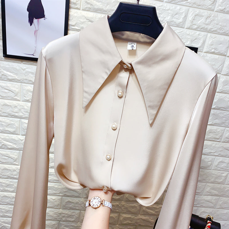 Women's Pearl Button Chiffon Shirt With Pointed Collar