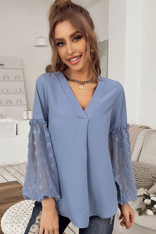 Swiss Dot Balloon Sleeve V-Neck Blouse