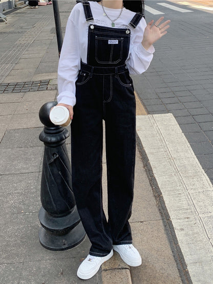 Retro High Waist Straight Black Denim Bib Pants