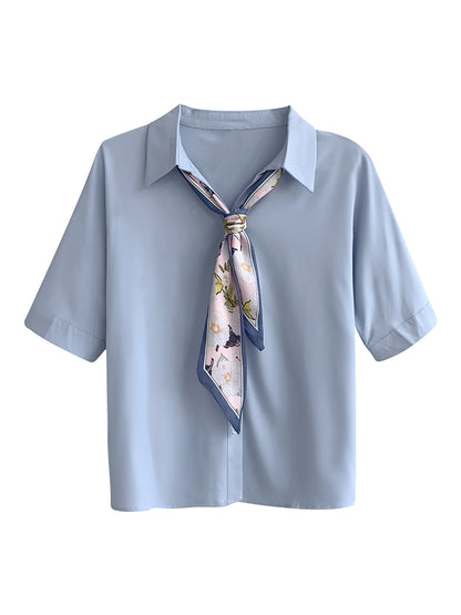 Women's New V-neck Thin Chiffon Short Sleeve Tie Shirt