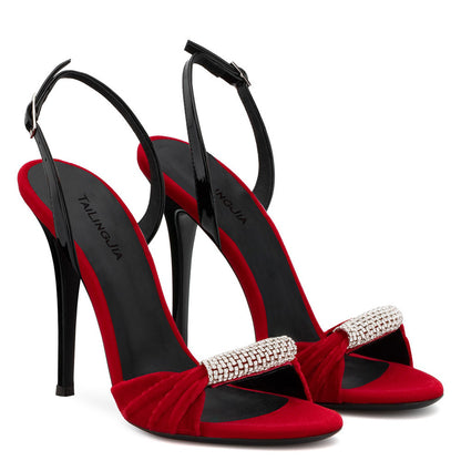 European And American Black And Red Velvet Rhinestone Super High Heel Sandals