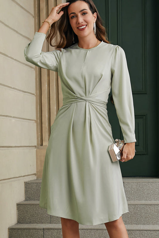 Green Twist Front Tie Back Long Sleeve Satin Dress