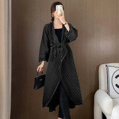 Manual Crimping Female Long Trench Coat