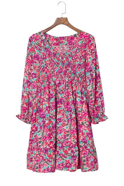 Purple Smocked V Neck Puffy Sleeve Floral Dress