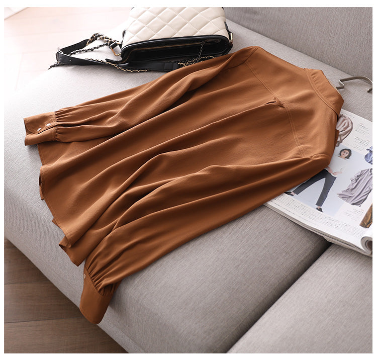 Women's Long-sleeved Solid Color  Silk Shirt