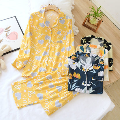 Women's Thin Two Piece Long Sleeve Cotton Silk Pajamas