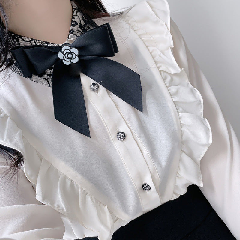 Bow Lace White Shirt Women's Long-sleeved Top