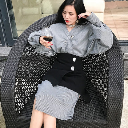 Irregular Cut V-neck Fashionable Suit Dress Women's Long Sleeve Skirt Two-piece Set