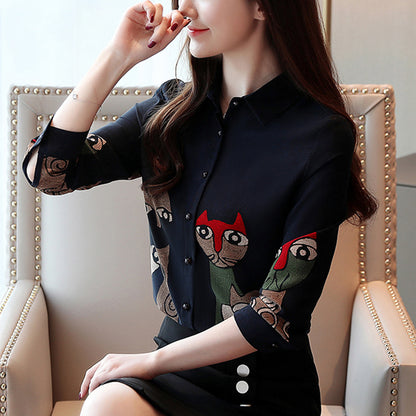 Spring And Autumn Vintage Cat Print Chiffon Shirt