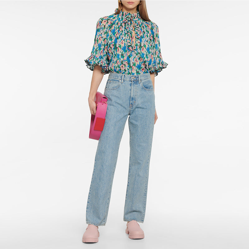 Printed Mid-sleeve Georgette Shirt And Chiffon Top