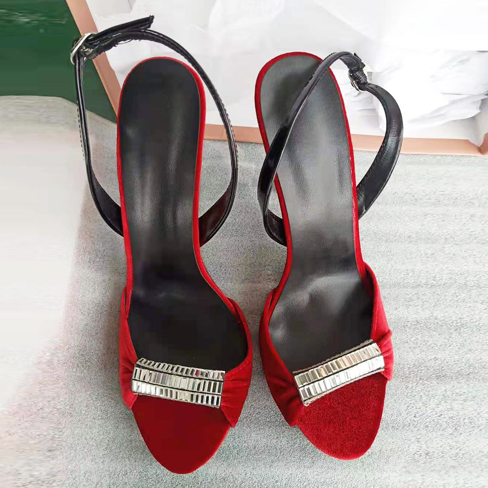 Sandalias de tacón súper alto con diamantes de imitación de terciopelo negro y rojo europeas y americanas