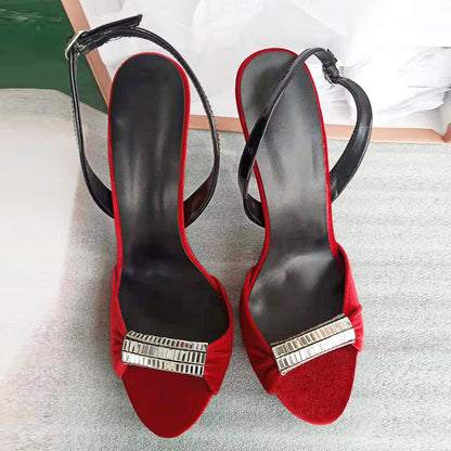 European And American Black And Red Velvet Rhinestone Super High Heel Sandals